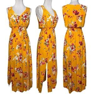 Floral Boho Maxi Dress L Yellow Romantic Casual‎ Vacation Beachy Summer Festival